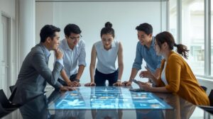 Business team reviewing plans together