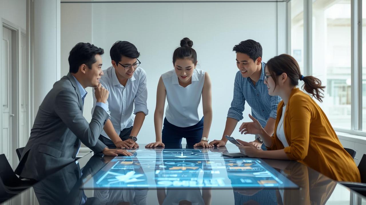 Business team reviewing plans together