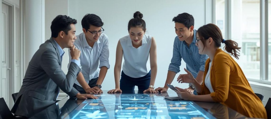 Business team reviewing plans together
